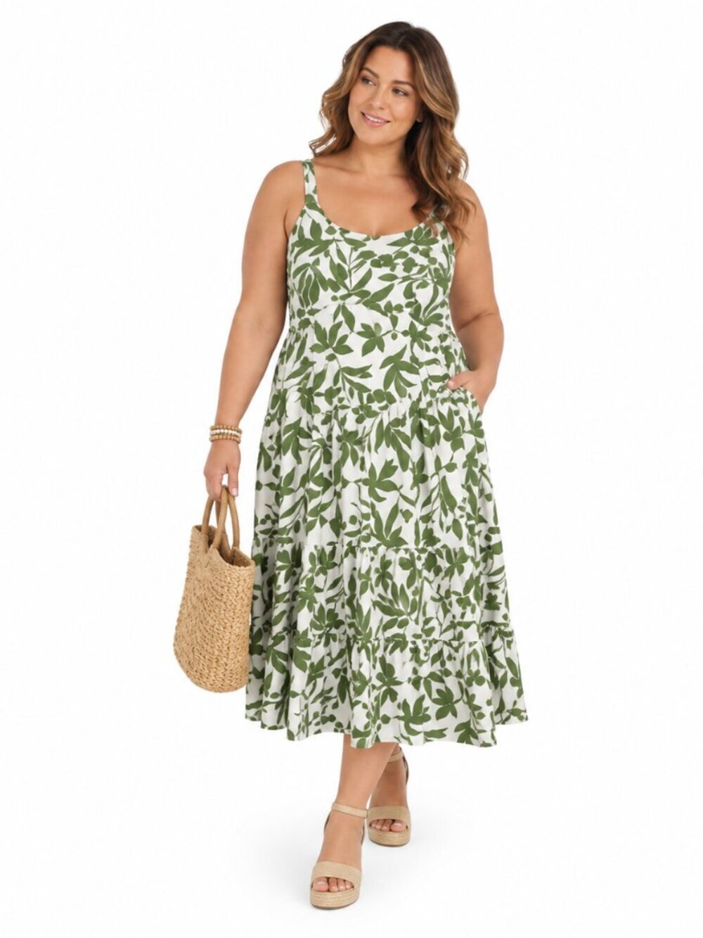 Time and Tru Womens XL Tropical Leaf Midi Dress Green White Tie Back